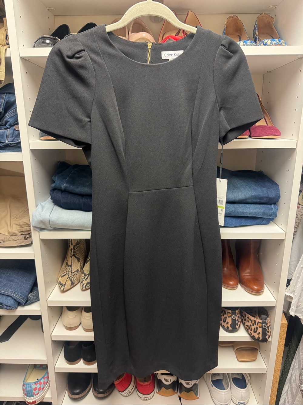 Calvin Klein Black Short-Sleeve Sheath Dress with Tailored Seams